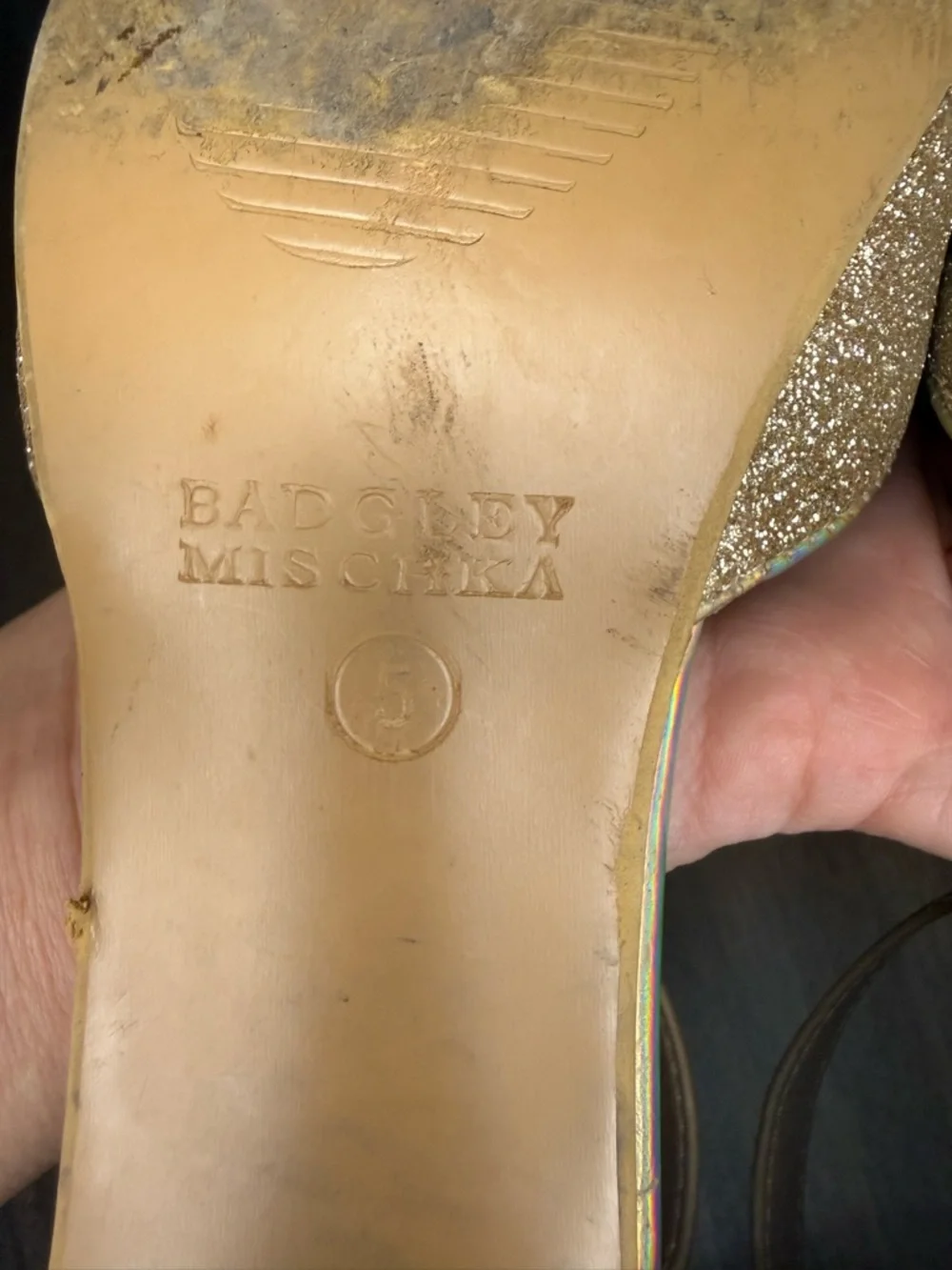 Badgley Mischka Gold Glitter Block Heel Pumps Size 5